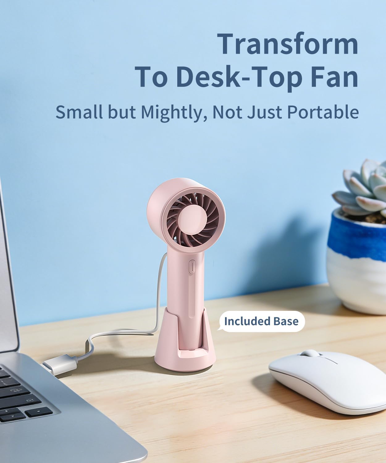 Mini Portable Fan, 3 Speed Handheld Fan with Desktop Base, USB Rechargeable [13H Max Cooling Time], Small Personal Hand Fan Travel Essentials for Women Girls Kids Lash Makeup, Pink