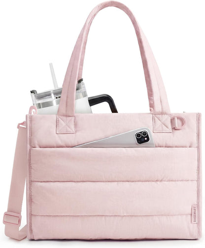 BAGSMART Small Tote Bag for Women, Puffer Quilted Work Tote Bag, Zipper Closure for Work Travel College, Pink