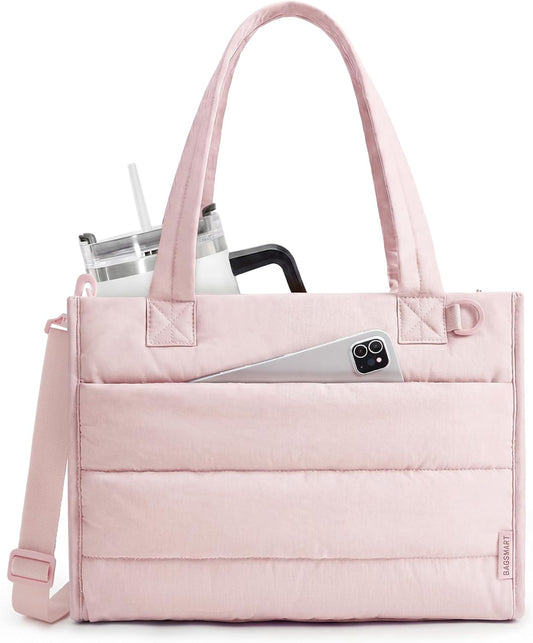 BAGSMART Small Tote Bag for Women, Puffer Quilted Work Tote Bag, Zipper Closure for Work Travel College, Pink