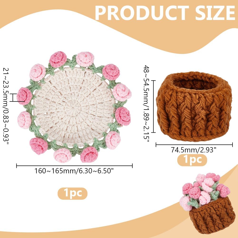 Handmade Flower Crochet Coaster Set Wool Yarn Hot Pads with Flower Basket Hand-Crocheted Rose Coaster Soft Decorative Drink Coasters for Coffee Tabletop Protection Home Decor Pearl Pink