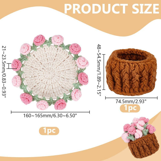 Handmade Flower Crochet Coaster Set Wool Yarn Hot Pads with Flower Basket Hand-Crocheted Rose Coaster Soft Decorative Drink Coasters for Coffee Tabletop Protection Home Decor Pearl Pink