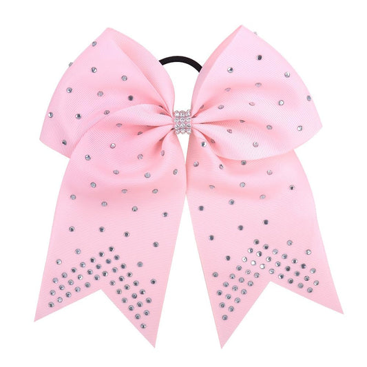 7 Inches Rhinestone Hair Bows Elastic Hair Tie Ribbon Large Cheer Bow Ponytail Holder Hair Band for Women Girls Kids Teens (Pink)