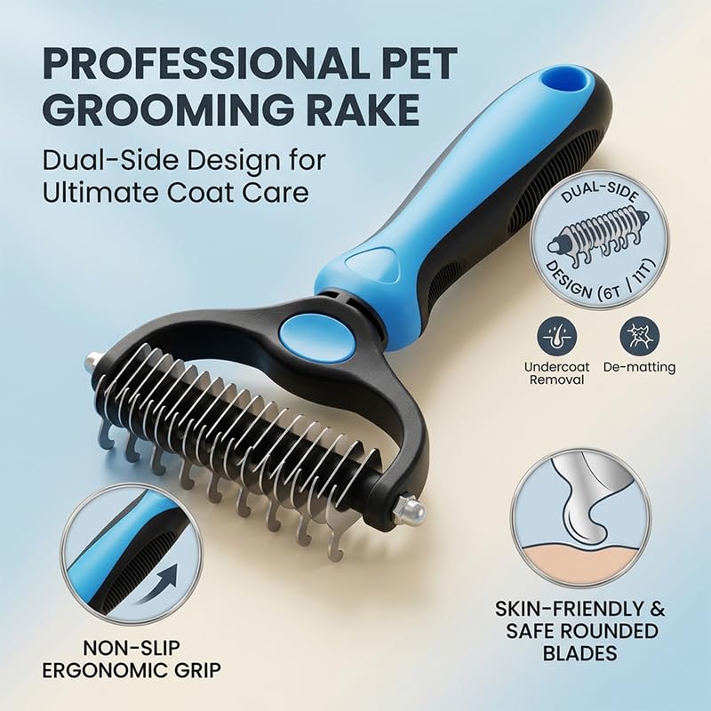 Pet Grooming Tool, Double Sided Deshedding Brush Dematting Rake, Stainless Steel Grooming Comb for Dogs & Cats, Undercoat Rake for Removing Loose Fur, Tangles and Knots (Pink-S, 1 Pack)