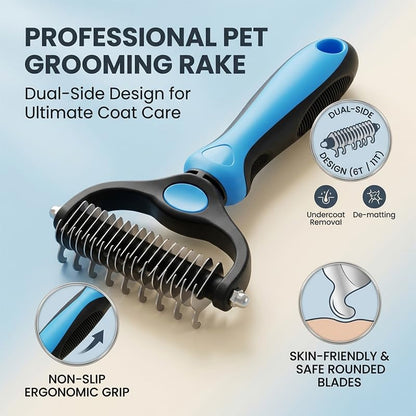 Pet Grooming Tool, Double Sided Deshedding Brush Dematting Rake, Stainless Steel Grooming Comb for Dogs & Cats, Undercoat Rake for Removing Loose Fur, Tangles and Knots (Pink-S, 1 Pack)