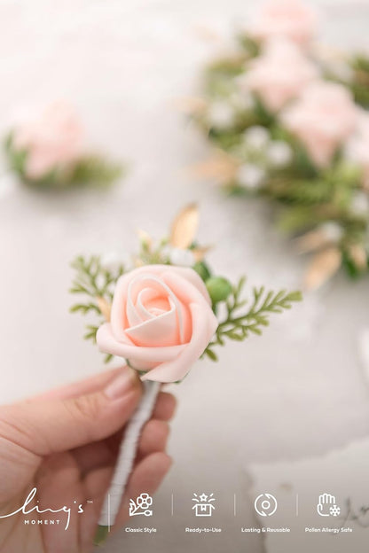 Ling's moment Boutonniere for Men, 10pcs Groomsmen Guest Boutonniere, Artificial Flowers for Wedding Décor/Prom/Homecoming,etc.Blush Pink