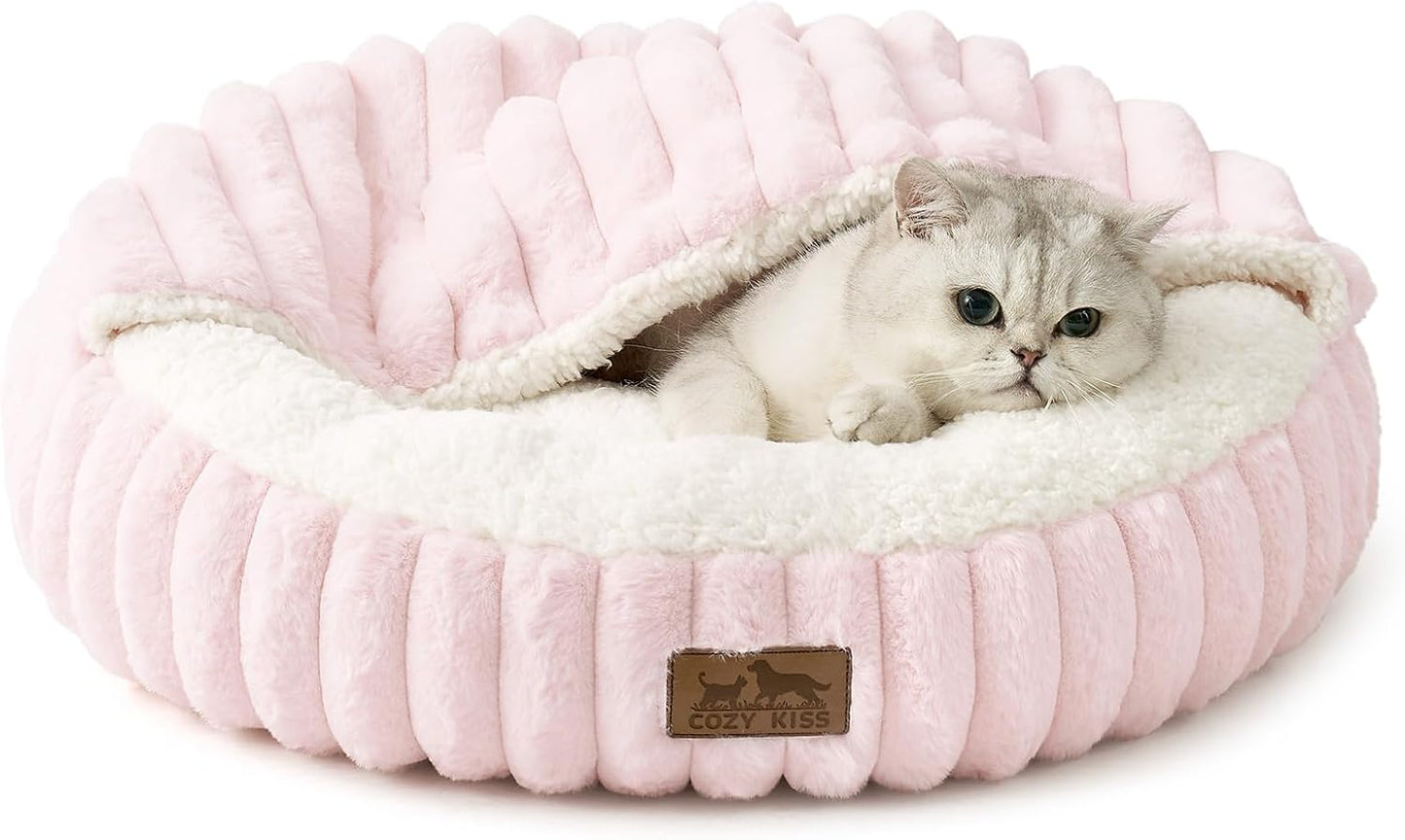 Cat Bed with Hooded Blanket, Round Fluffy Anti-Anxiety Pet Bed for Cats/Toy Breed Dogs, Cozy Donut Cuddler with Machine Washable Faux Fur & Anti-Slip Bottom(20"×20"×6",Pink)