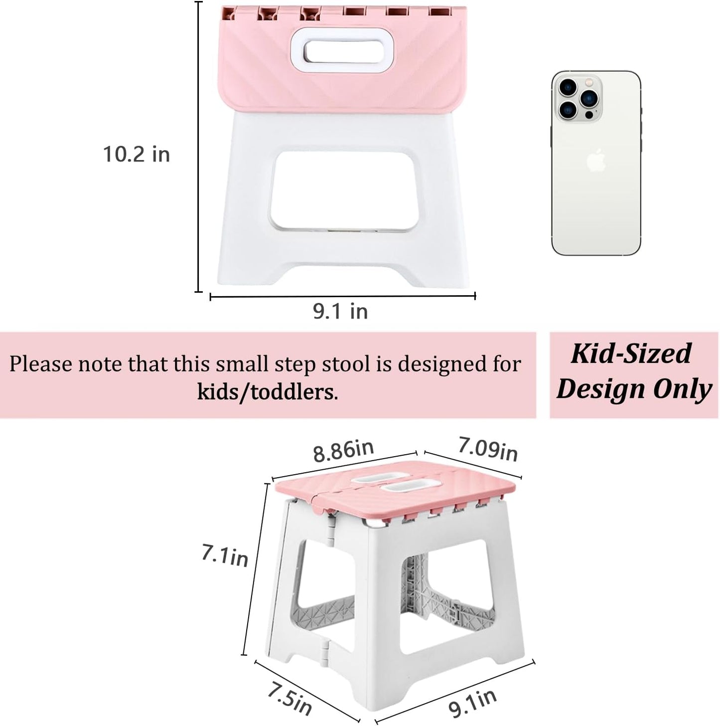 Folding Step Stool, Bathroom Stool, Plastic Pink Stepping Stool for Living Room, Compact Fold Up Step Stool, Small Kitchen Foot Stool