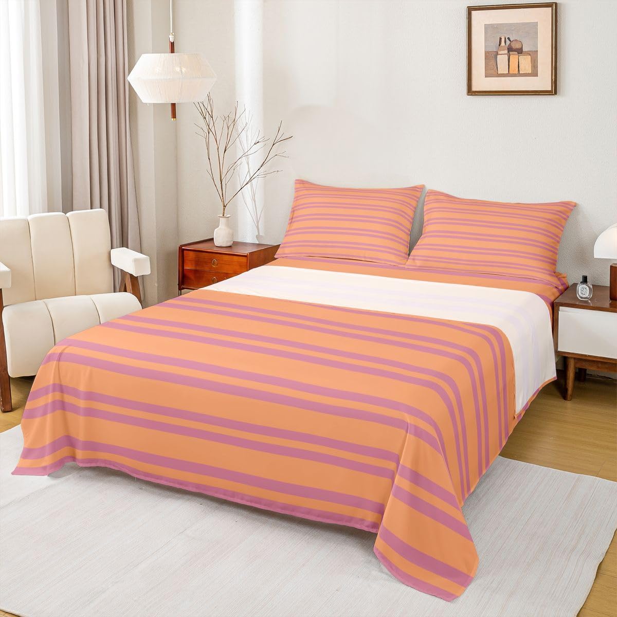 Erosebridal Peach Orange Modern Lines Sheets Queen Size for Kids Teens Adults | Geometric Abstract Striped Bed Sets Retro Classic Horizontal Stripe Sheets Minimalist Stripes Pattern Flat Fitted Sheet