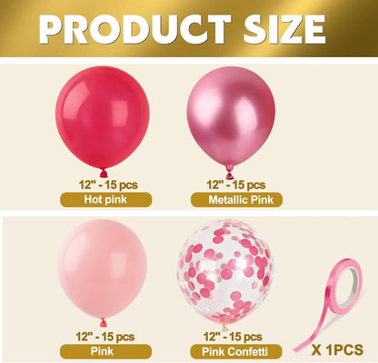 60Pcs 12 Inch Pink Latex Balloons Set - Hot Pink, Pink, Metallic Pink Confetti Party Balloons with Ribbon for Birthday, Wedding, Graduation Anniversary Party Decorations.