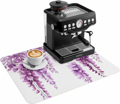 Coffee Mat Wisteria Floral Dish Drying Mat for Kitchen Counter Light Pink Leaf Coffee Bar Mat for Coffee Maker and Espresso Machine, Coffee Station Accessories 18x28in