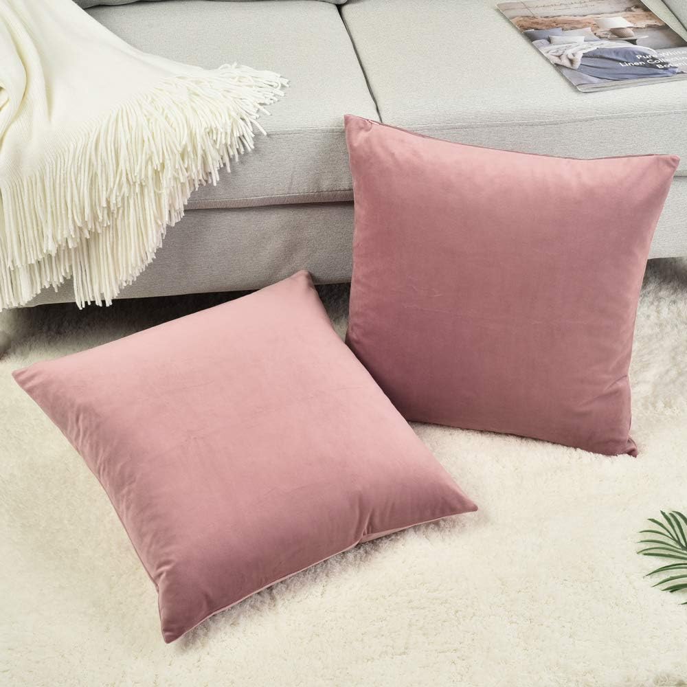 Set of 2 Comfortable Throw Pillow Cover for Bedding, Decorative Accent Cushion Sham Case for Couch Sofa, Soft Solid Velvet with Zipper Hidden - 18"x18", Mauve Pink