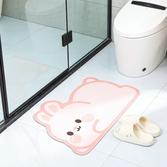 Cute Animal Bath Mat - Pink Rabbit Non-Slip Super Absorbent Ultra Thin Mat for Shower Tub & Sink Front Quick Dry Bathroom Mat (Easy Clean)