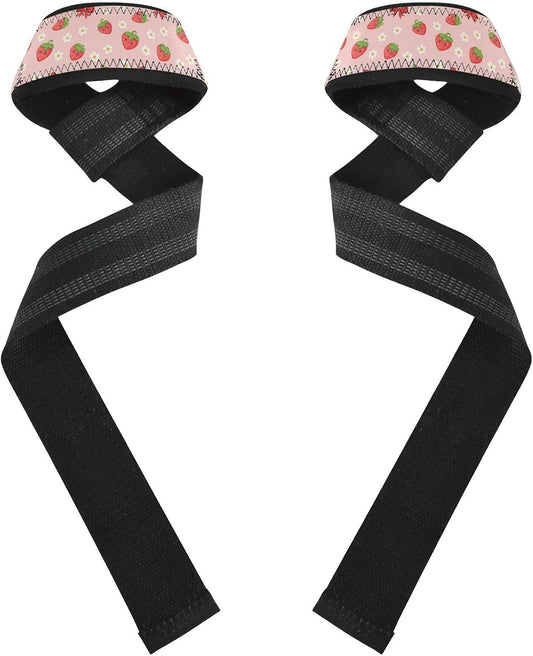 Cute Strawberries Bows Pink Pattern Lifting Wrist Straps for Weightlifting Powerlifting Anti Slip Deadlift Straps with Neoprene Padding Hand Grip Wraps for Strength Training Bodybuilding Workout Gym