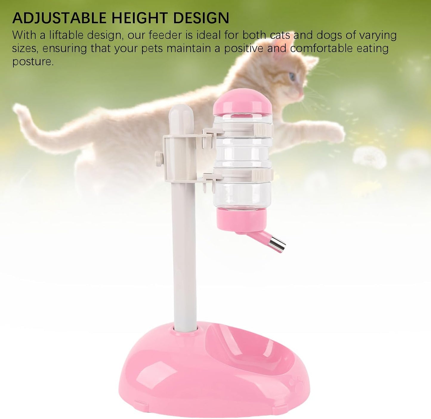 Automatic Standing Water Dispenser Bowl, Pet Adjustable Height Feeder for Water 500ml Capacity Standing Water Feeder with Detachable Bottles Ideal for Dogs Cats (Pink)