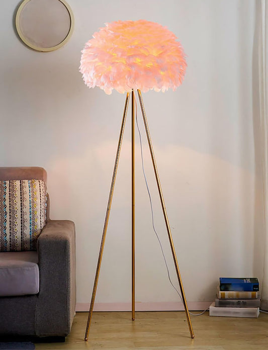 Meefad Feather Floor Lamp Metal Tripod Floor Lamp Modern Standing Light with Pink Feather Shade Elegant Floor Reading Lamp for Study Room Bedroom Living Room