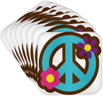 3dRose Light Blue Peace Sign with Pink and Purple Flowers Set of 8 Coasters - Cork