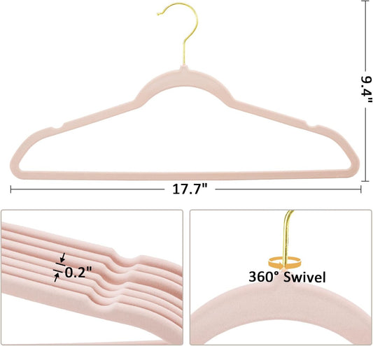 Velvet Hangers 60 Pack Heavy Duty - Slim, Non-Slip, Space Saving Hangers with 360° Swivel Gold Hook for Suit, Pants, Coats, Shirts & More - Pink
