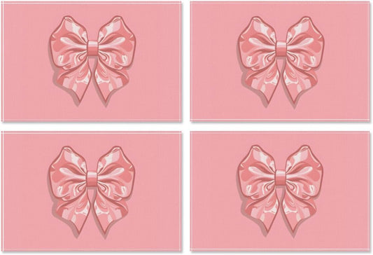Set of 4 Placemats, Wipeable Washable Heat-Resistant Linen Fabric Table Place Mats, Non-Slip Cute Placemat for Kitchen Table Wedding Party Indoor/Outdoor Decor Bow (Pink Bow)