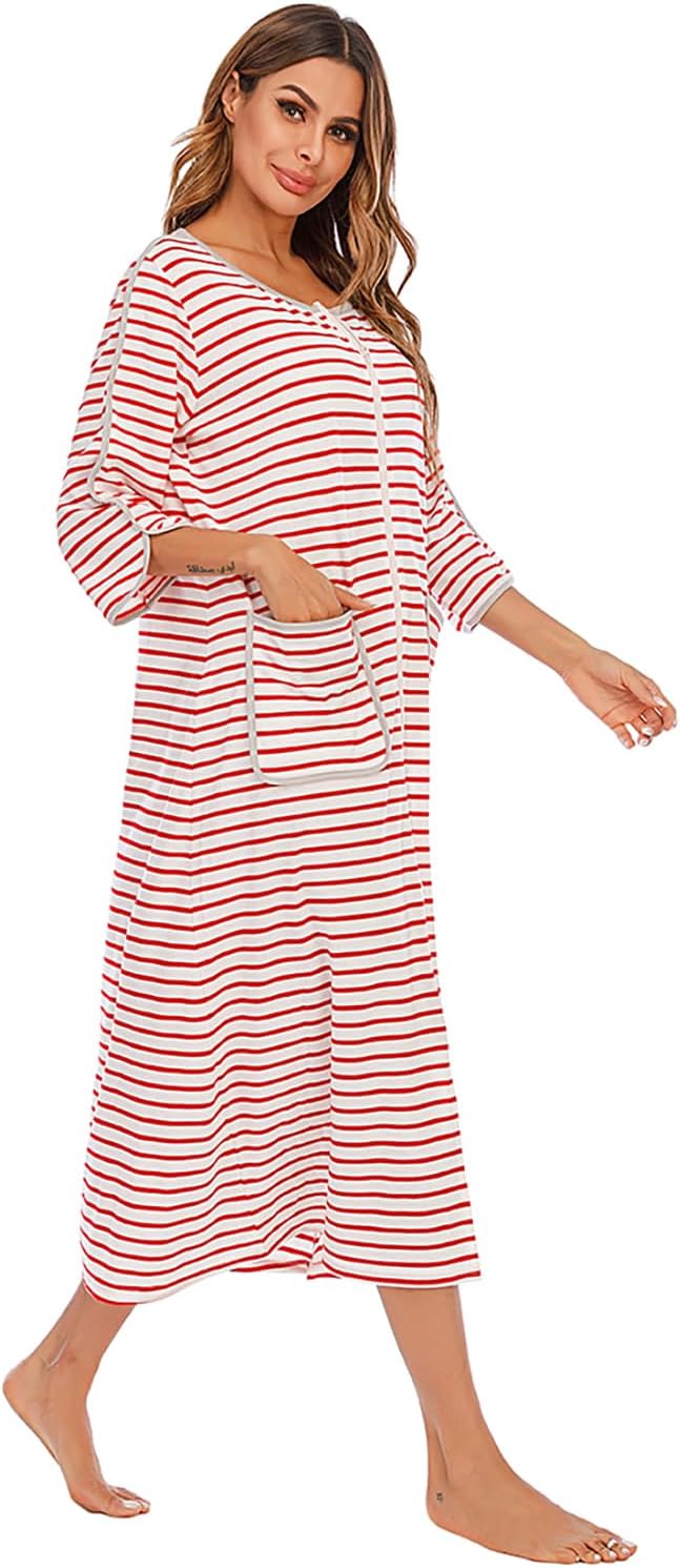 RONGTAI Comfy Cotton Long Robe with Front Zipper - Slimming Striped 3/4 Sleeve Nightwear with Pockets for Women (Year-Round)