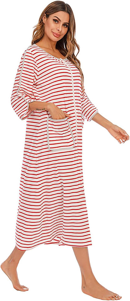 RONGTAI Comfy Cotton Long Robe with Front Zipper - Slimming Striped 3/4 Sleeve Nightwear with Pockets for Women (Year-Round)