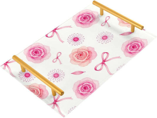 Retro Pink Rose Bow Decorative Food Tray with Handles Flat Serving Tray for Jewelry Perfume for Decorative Food bandejas para comida decorativas