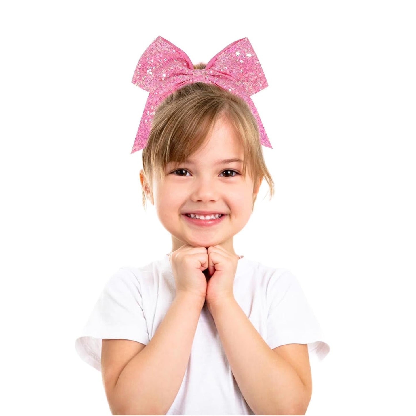 12 Pcs Large Glitter Ponytail Holders - Big 8" Hair Bows and Elastic Hair Ties for Cheerleaders, Sports and Teens (Pink)