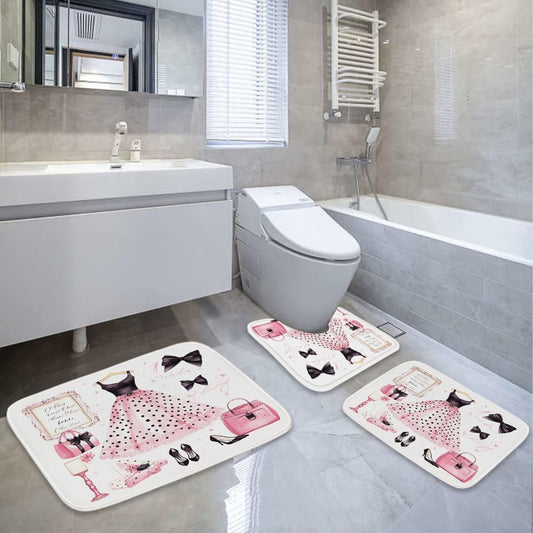 TheBlackSpot Bathroom Rugs Sets 3 Piece Pink Cute Bow Bathroom Mat Set Girly Girls Aesthetic Pretty Women Funky, Memory Foam Bathroom Rugs, U-Shaped Toilet Rug Non Slip Absorbent Pink