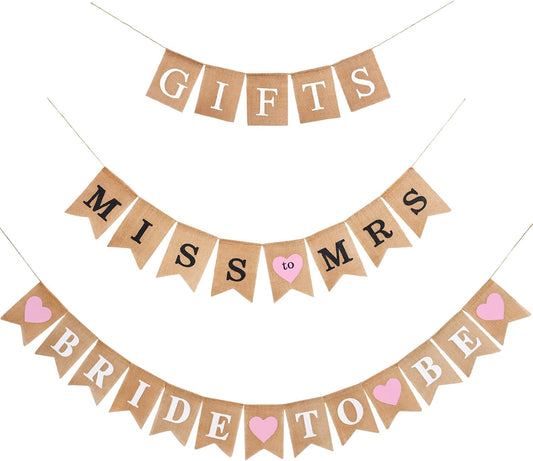 Blulu 3 Pieces Bridal Shower Decor Set Rustic Burlap Bunting Banner Gifts for Bachelorette Party Decoration(Pink)