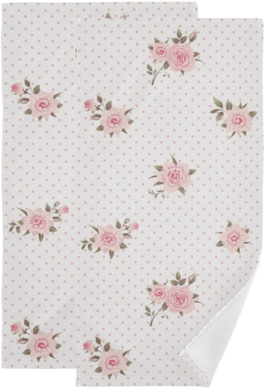 Pink Rose Flower Polka Dot Hand Towels for Bathroom Set of 2 Soft Quick Dry Vintage Shabby Chic Floral Style Kitchen Dish Towels Decorative Bathroom Towels for Bath Face Guest Shower 14"x28"