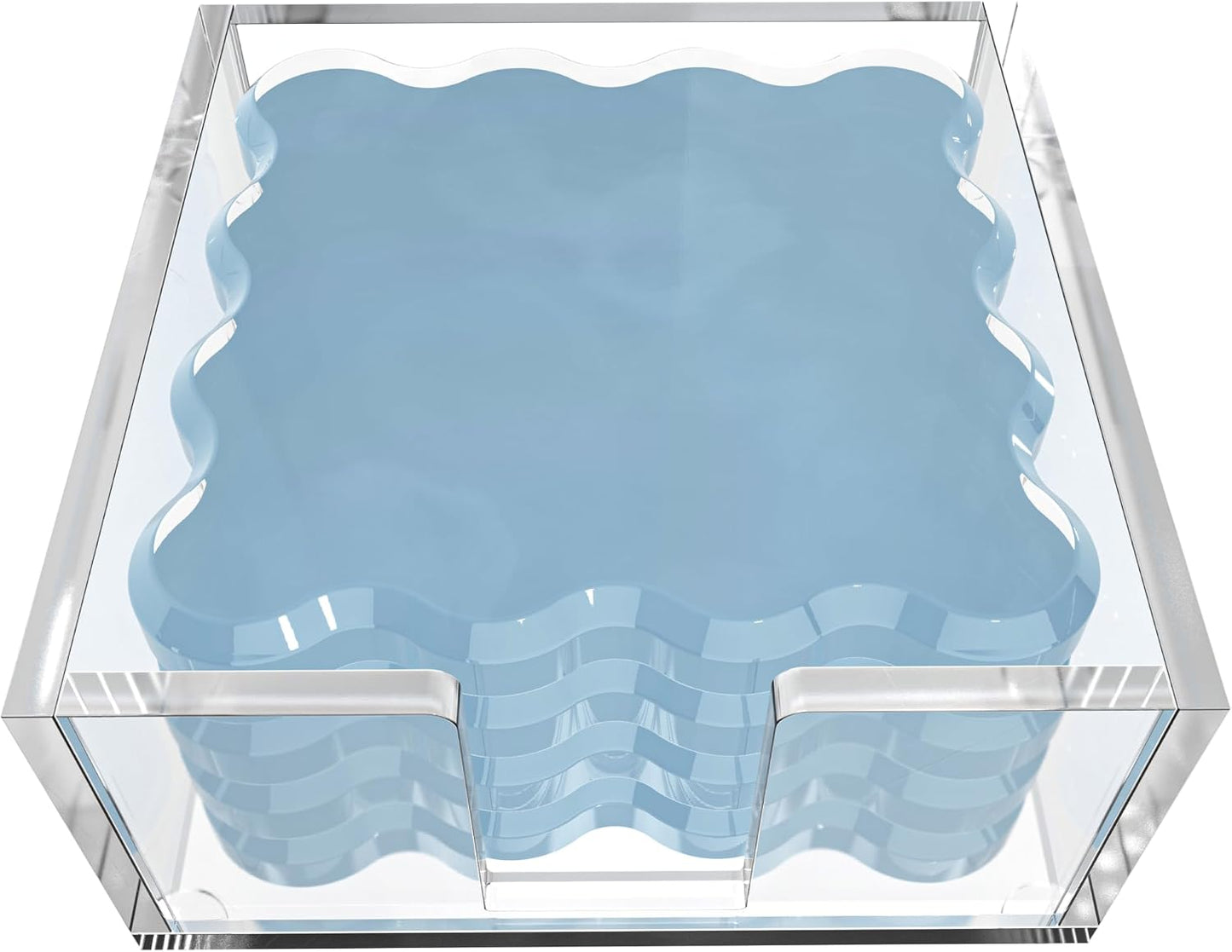 GRAHAM DESIGN Square Scalloped Acrylic Drink Coaster Set 4‑Pack with Square Holder (Light Blue)