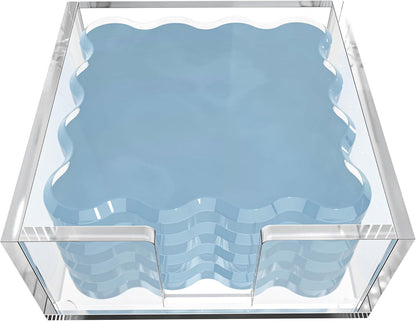 GRAHAM DESIGN Square Scalloped Acrylic Drink Coaster Set 4‑Pack with Square Holder (Light Blue)