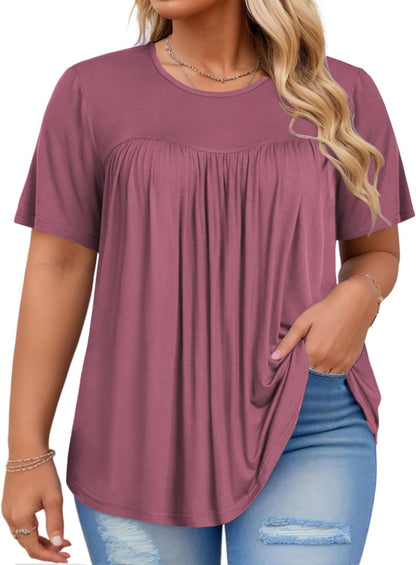 VISLILY Women's-Plus-Size-Tops Trendy Summer Short Sleeve T Shirts Cute Flowy Pleated Blouses Casual Loose Fit Tunics XL-5XL