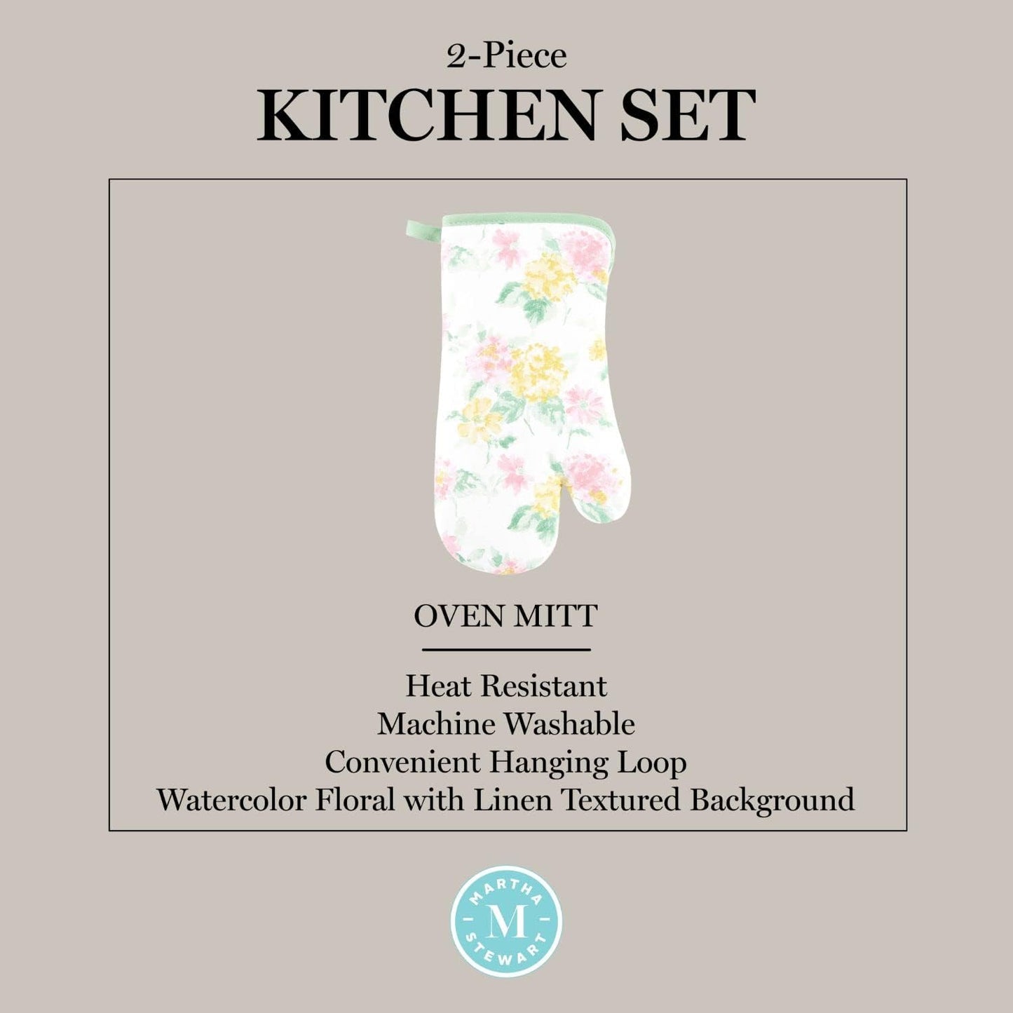 Martha Stewart Amber Floral Oven Mitt & Pot Holder Set 2-Pack, Pink/Yellow, OM: 7"x13" & PH: 7"x10"