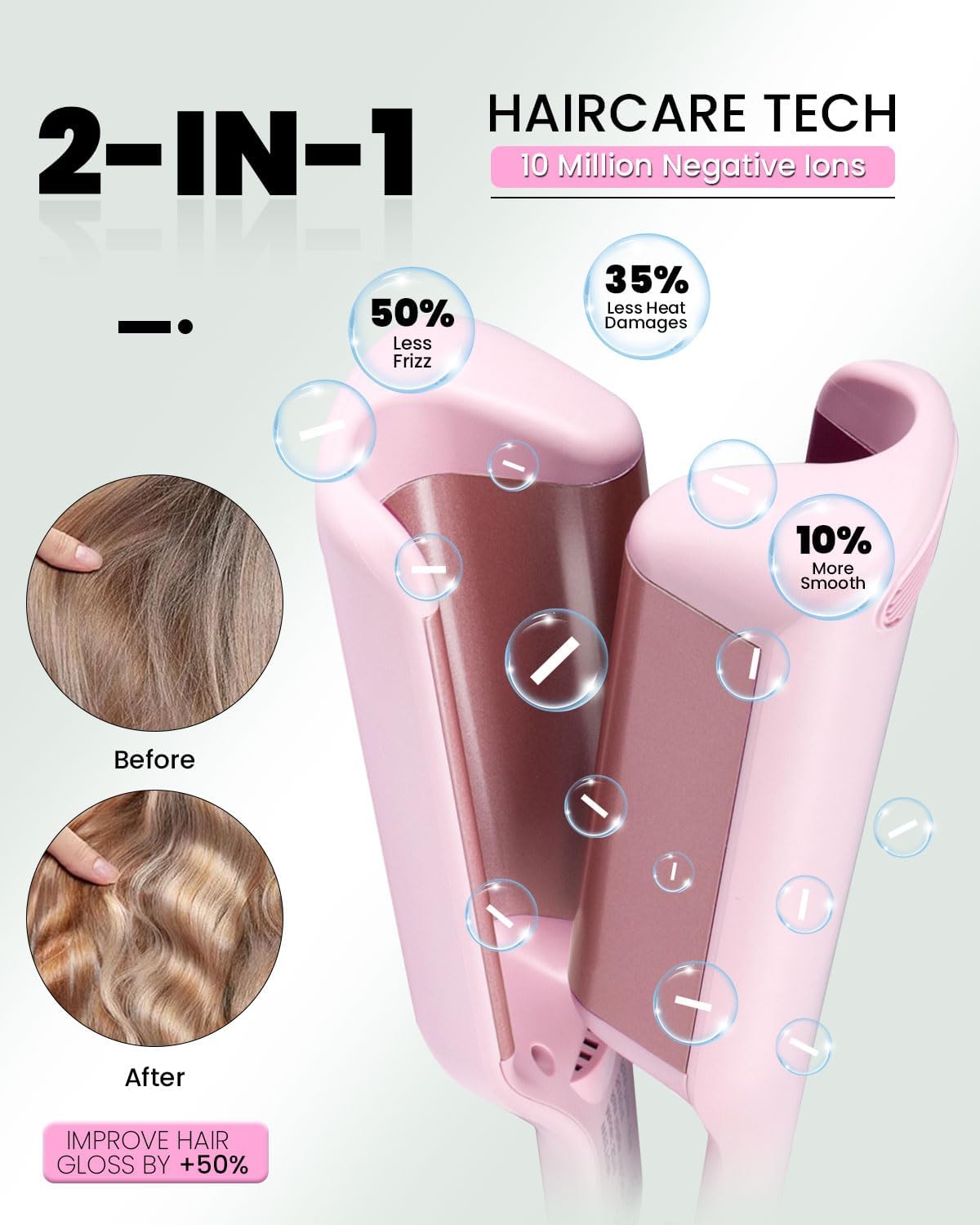 1 1/4 Inch Hair Waver Crimper,Cimper Tool Hair Crimper Waver,Deep Wave Iron with 2 Ceramic Barrel,Pink