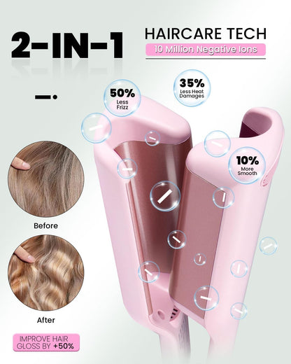 1 1/4 Inch Hair Waver Crimper,Cimper Tool Hair Crimper Waver,Deep Wave Iron with 2 Ceramic Barrel,Pink