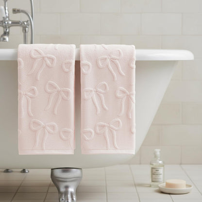 Artoid Mode 2 Pcs Pink 3D Bowknot Jacquard Hand Towels for Bathroom, 100% Cotton Soft Absorbent Bathroom Decor Towels, 13.7 x 29.5 Inch