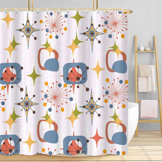 Mid Century Shower Curtain, 60x72inch, Modern Abstract Retro Pink Striped Geometric Shower Curtain Sets 1950s Boho Bathroom Shower Curtain with 10 Hooks