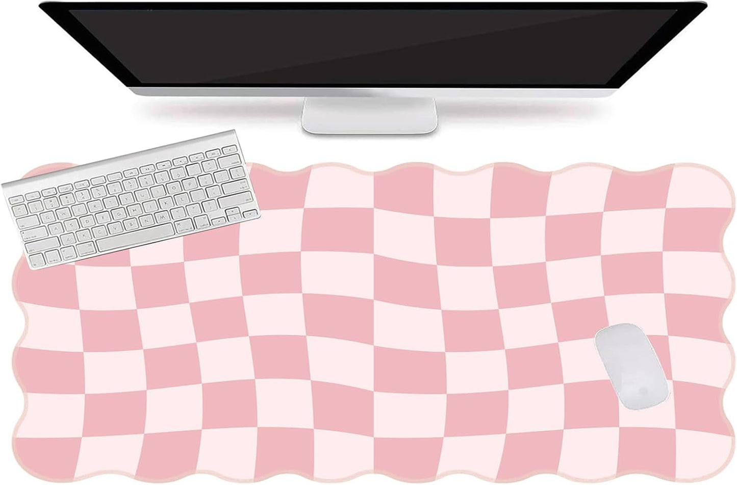 L-SPOUTTO Pink Mouse Pad,Geometric Desk Mat XXL Large Scalloped Gaming Mousepad,35.4x15.7in Non-Slip Rubber Base Keyboard Pad Waterproof Desktop Mat for Laptop Computer Game Home Office-Checkered
