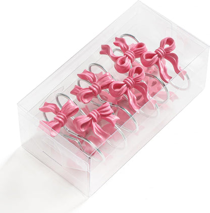 Litabel 12PCS Cute Bow Shower Curtain Hooks, Pink Bowknot Decorative Shower Curtain Rings, Metal Rustproof Resin Curtain Hooks Shower Rings for Girls Baby Bathroom Art Decoration Accessories