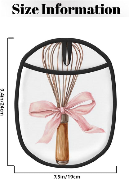 Watercolor Kitchen Whisk with Light Pink Bow Silicone Pot Holders,2pcs, Heat Resistant Oven Mitts Large Potholders for Kitchen Cooking Baking Hot Pads