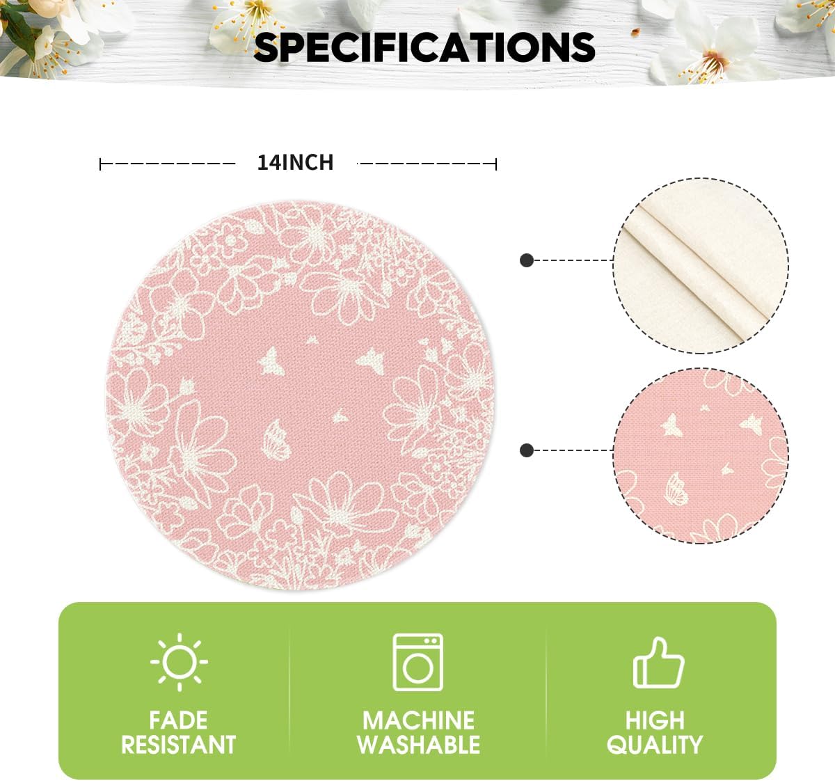 Artoid Mode Pink Florals Butterfly Round Spring Placemats Set of 4, 14 Inch Seasonal Summer Holiday Table Mats for Party Kitchen Dining Decoration