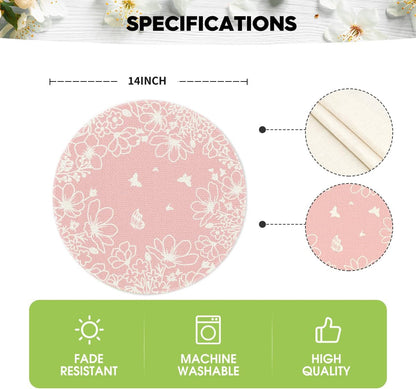 Artoid Mode Pink Florals Butterfly Round Spring Placemats Set of 4, 14 Inch Seasonal Summer Holiday Table Mats for Party Kitchen Dining Decoration