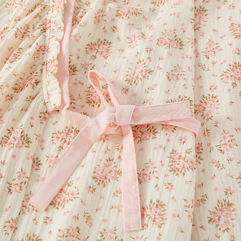 Womens Robe, Cotton Gauze 3/4 Sleeve Floral Long Bath Robe Soft Bathrobe House Coat Sleepwear