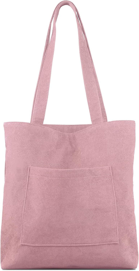 Kememo Corduroy Tote Bag with Zip, Shoulder Bag Women's Hobos Handbags Large Capacity Shopping Bag with Inner Pocket