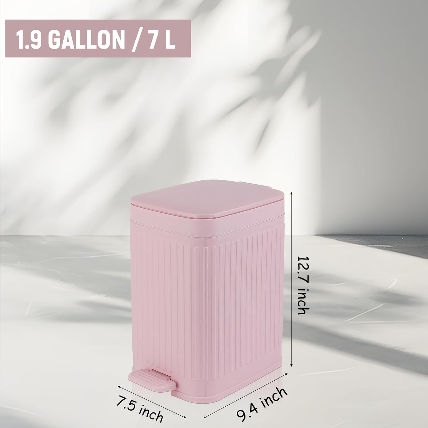 rejomiik Small Bathroom Trash Can with Lid Slim Soft Close Garbage Can Step Wastebasket Container Trash Bin for Office Bedroom Kitchen Living Room 1.9 Gallon Pink