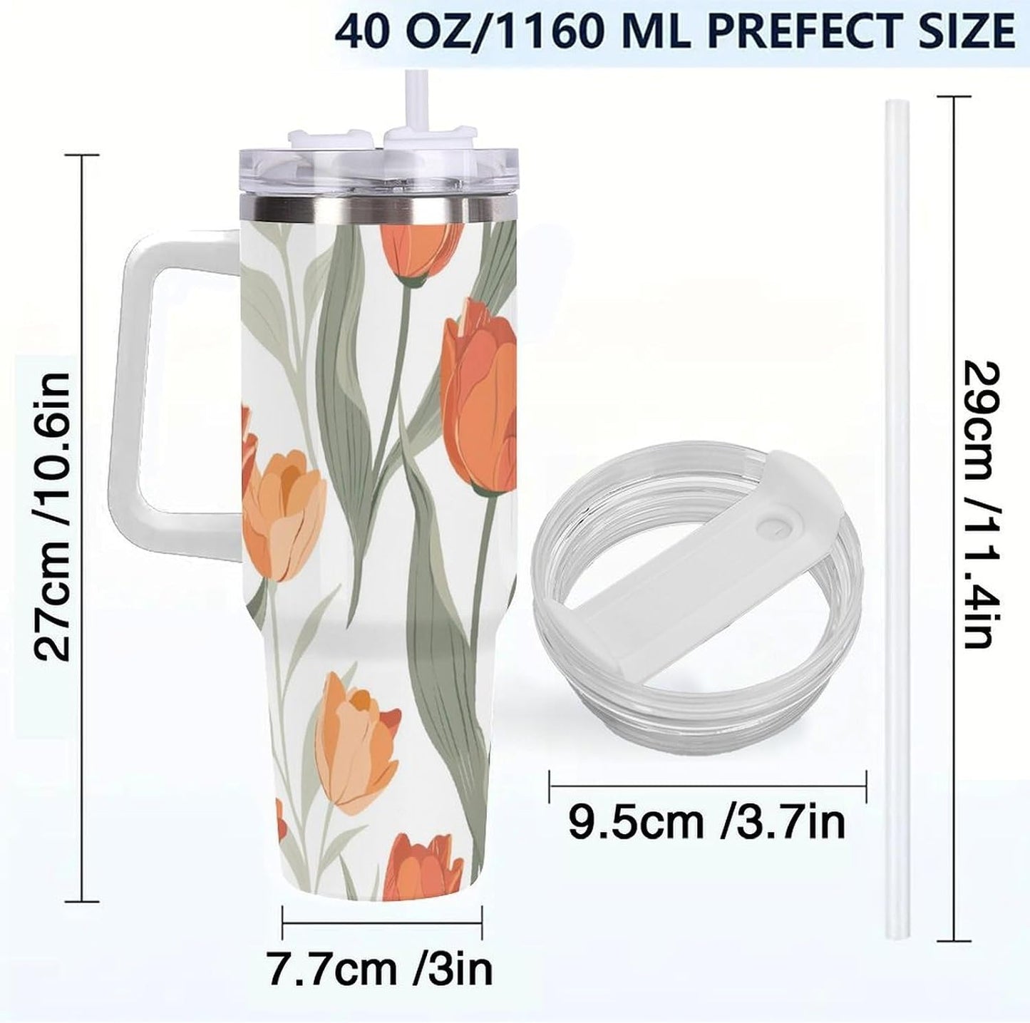 40oz Tumbler with Handle, Peach Orange Tulip Leaf Pattern Printed Stainless Steel Travel Mug, Insulated Car Cup with Straw, Keeps Drinks Hot & Cold, Personalized Gift for Women & Men