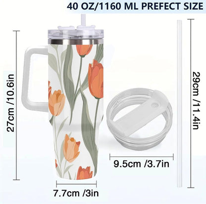 40oz Tumbler with Handle, Peach Orange Tulip Leaf Pattern Printed Stainless Steel Travel Mug, Insulated Car Cup with Straw, Keeps Drinks Hot & Cold, Personalized Gift for Women & Men