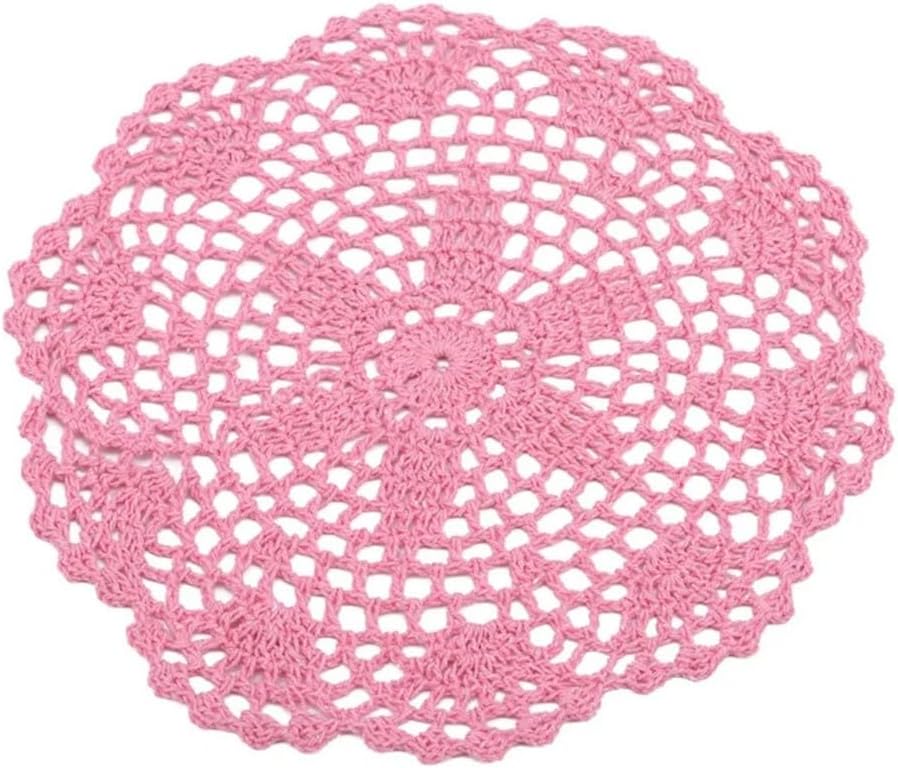 Handmade Lace Crochet Round Placemats and Cup Coasters Set, 20 cm Blended Fabric, Elegant Table Decor for Christmas, Tea Parties, Brunches and Festive Gatherings, 10 Pieces(Pink)