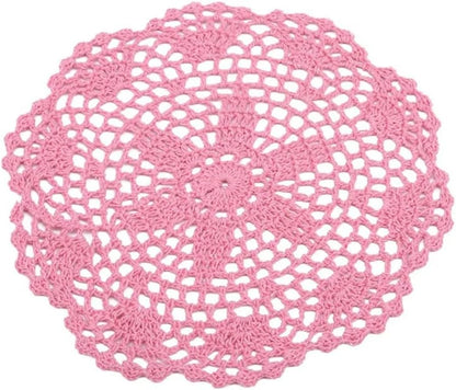 Handmade Lace Crochet Round Placemats and Cup Coasters Set, 20 cm Blended Fabric, Elegant Table Decor for Christmas, Tea Parties, Brunches and Festive Gatherings, 10 Pieces(Pink)