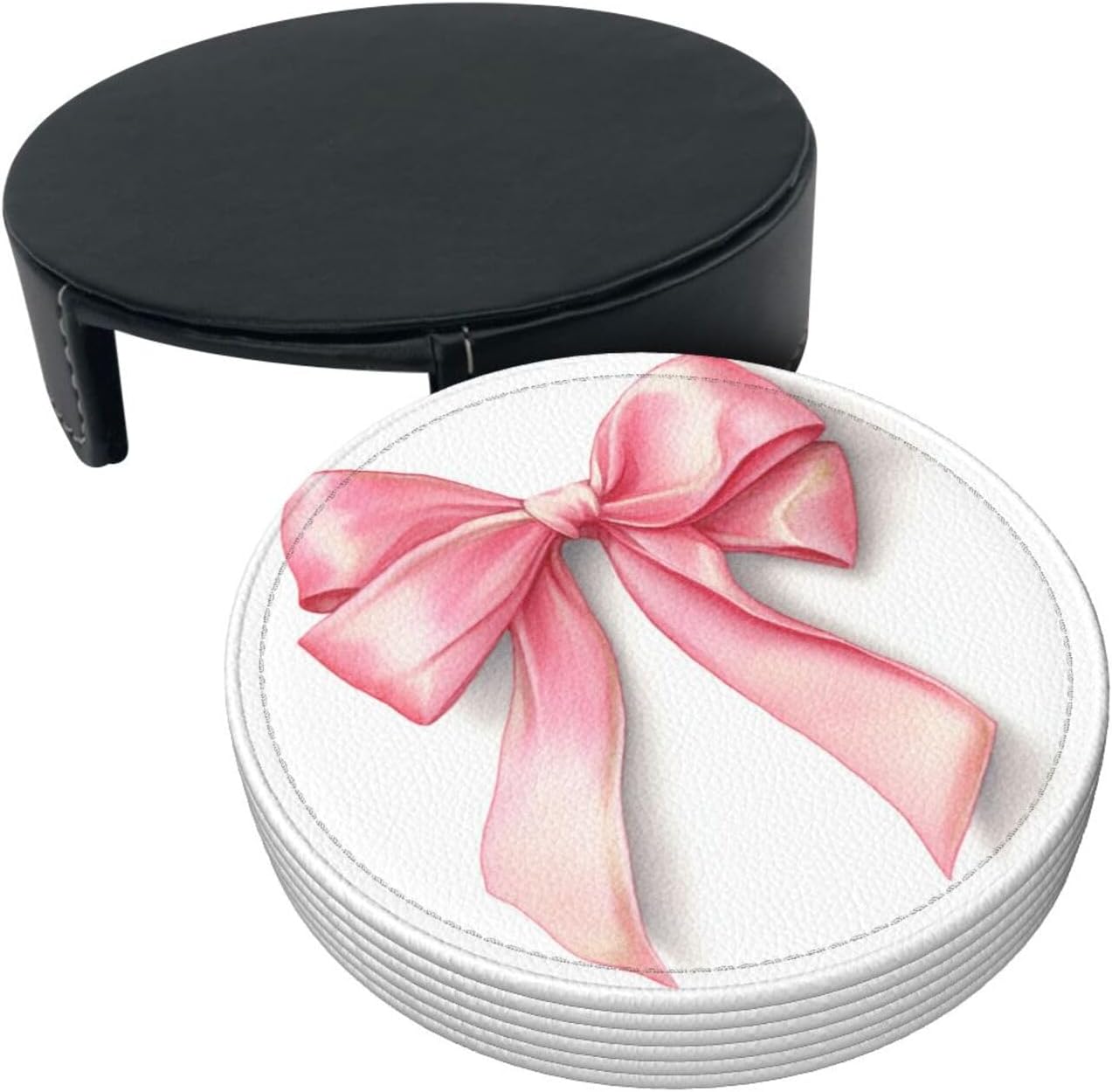 Watercolor Light Pastel Pink Ribbon Bow Premium Leather Coasters, Set of 6 with Holder, Stylish Beverage Coasters for Kitchen Coffee Bar